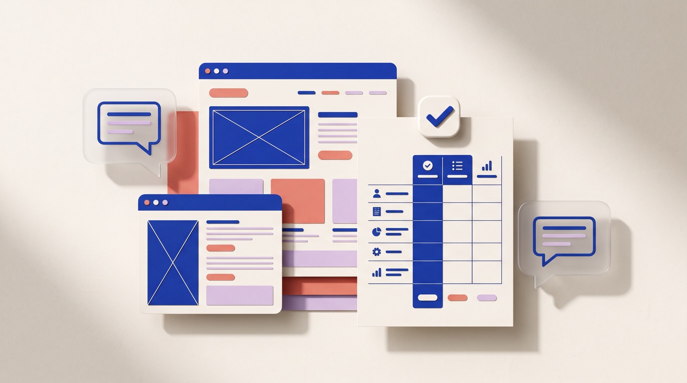 Editorial illustration of a project conversation with a website interface, notes, and an approval mark.