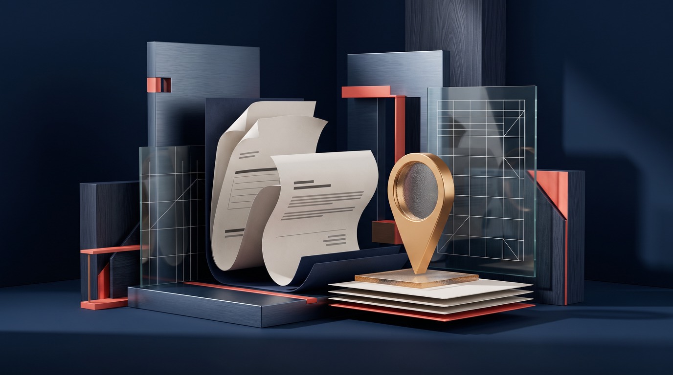 Editorial illustration of architectural plans, a quote, and a location pin on a blue surface.