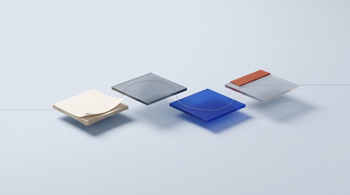 Editorial composition of documents and geometric panels with a curved line connecting stages.