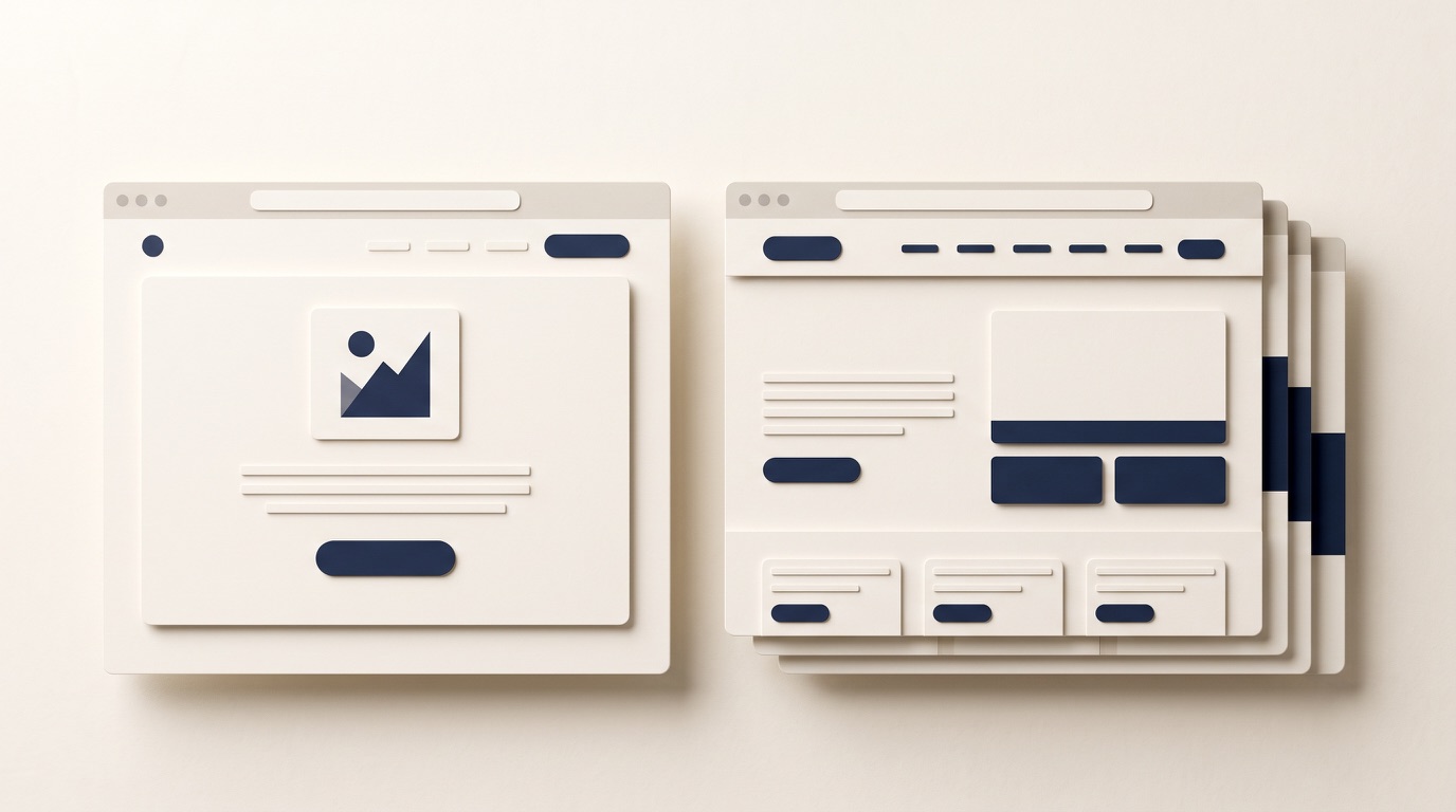 Editorial illustration of a focused landing page beside a corporate website structure.