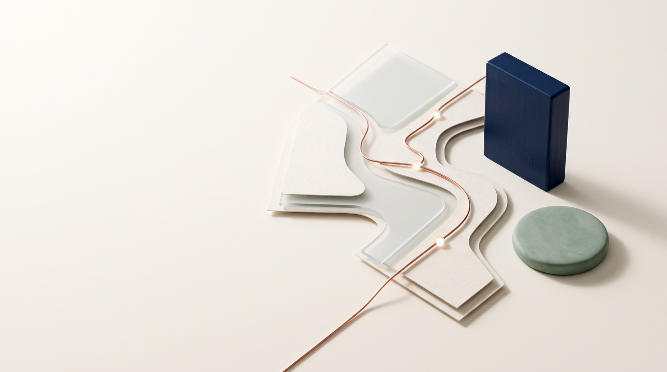 Light editorial composition of paper and glass layers connected by a copper route with glowing points.