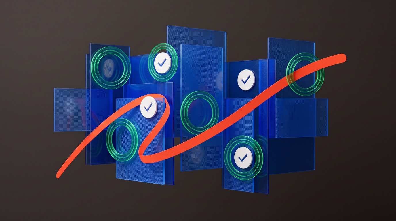 Editorial illustration of blue panels with check marks and elements of a website proposal.