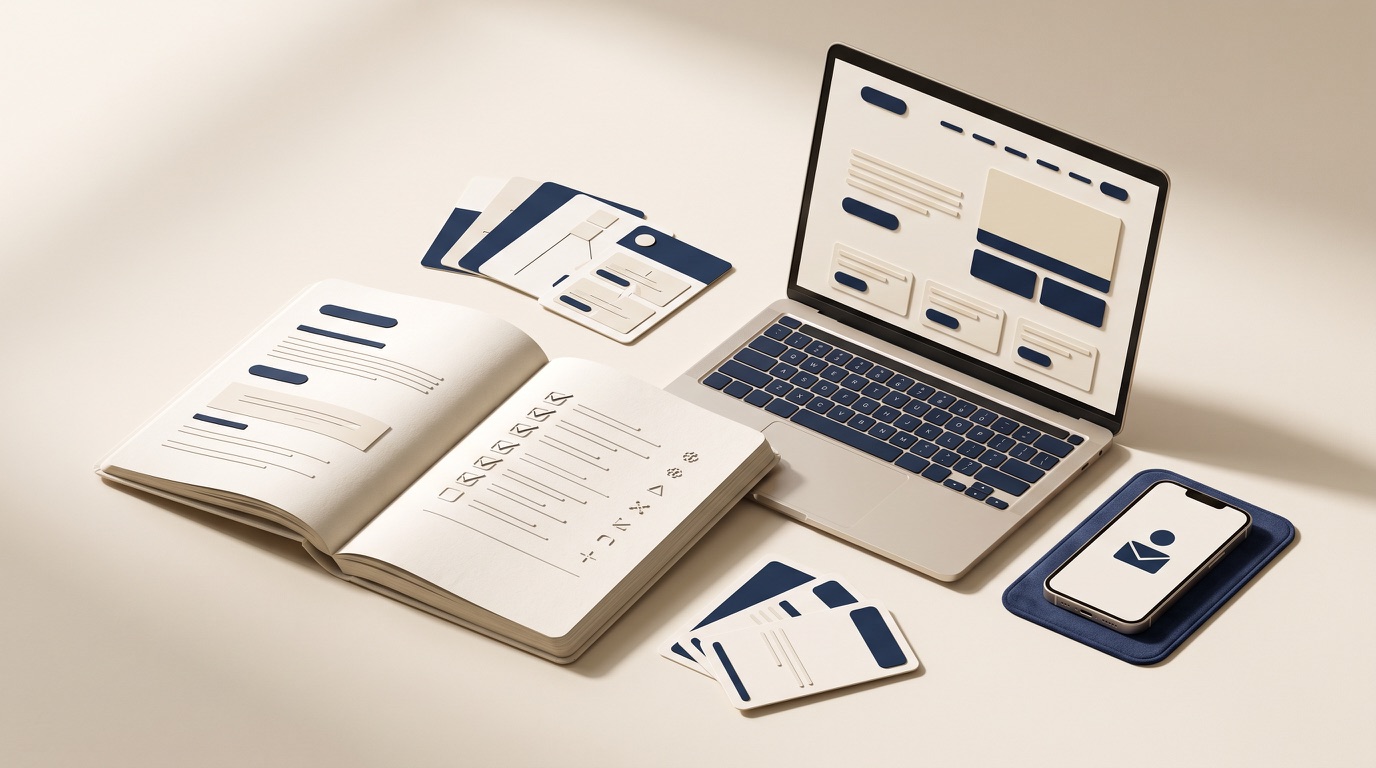 Editorial composition of a project notebook, a website interface, and planning notes on a light desk.