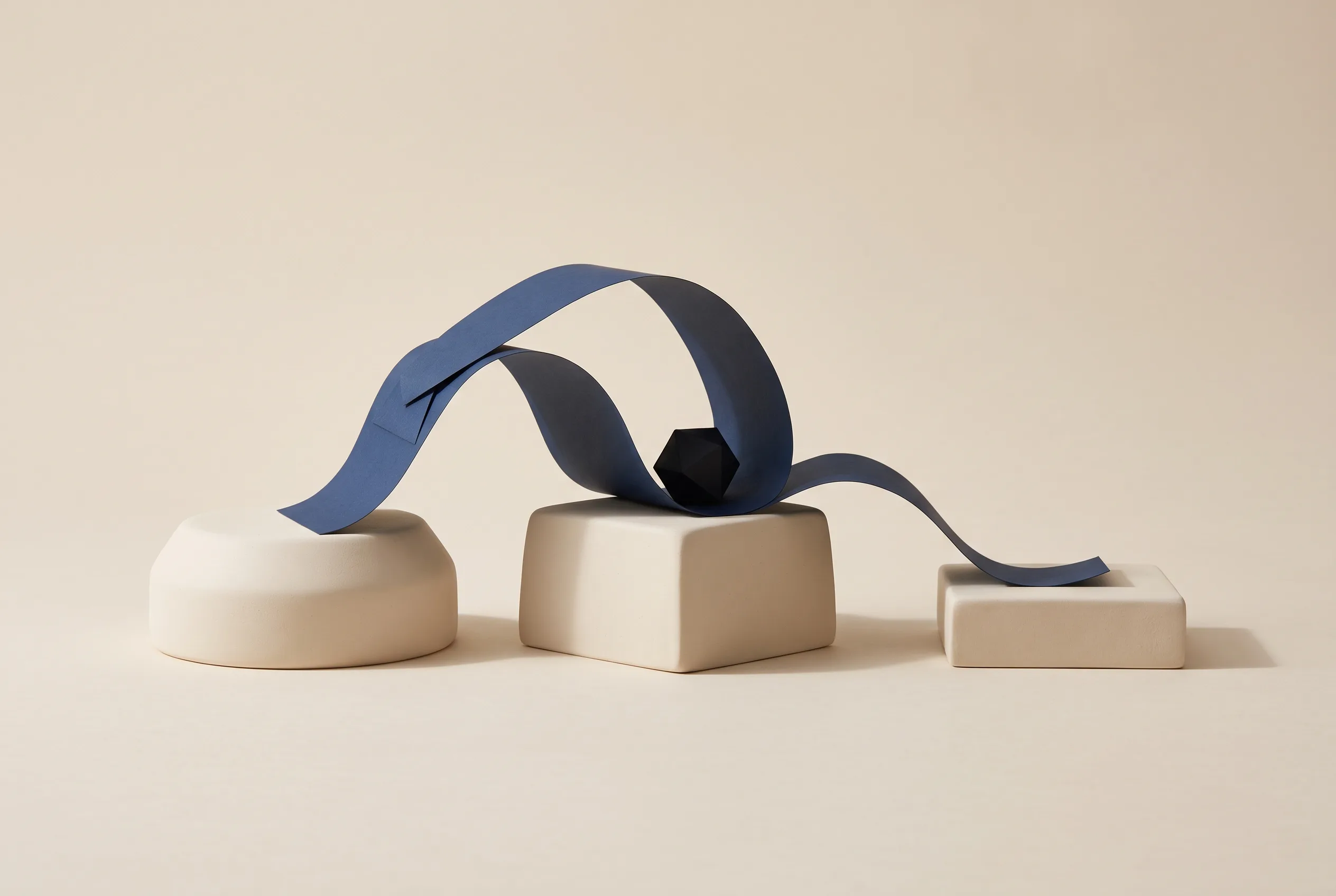 Editorial composition of three ivory plinths and a navy paper arc indicating a next step