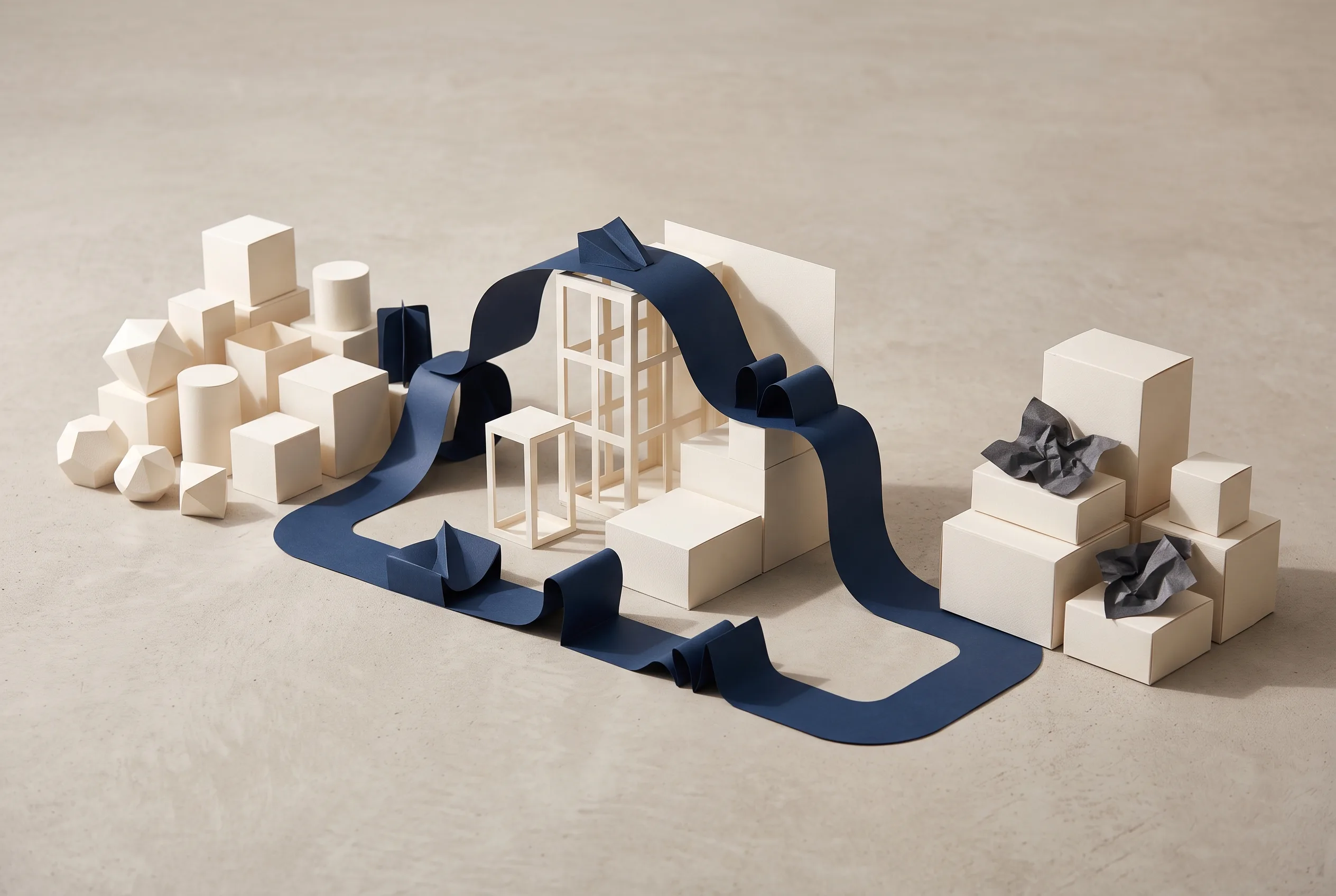 Editorial composition of ivory boxes and a navy path organising a commerce journey